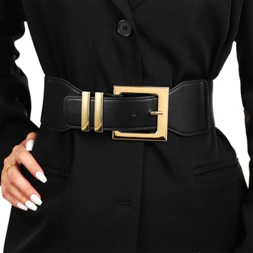 Black Belt with Gold Buckle Wide Black Belt for Dress Wide Elastic Belts Wide Stretchy Belts for Women