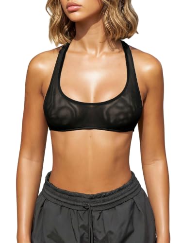 SweatyRocks Womens Sheer Mesh Racerback Sport Bra Sexy Soft Bralette Undershirt Halter Crop Top Black Medium