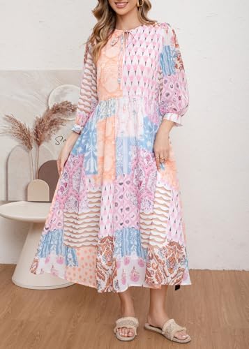 Image of CHARTOU Women Boho Floral Printed Long Dress Summer Lantern Half Sleeve Beach Flowy Loose Swing Chiffon Sundress