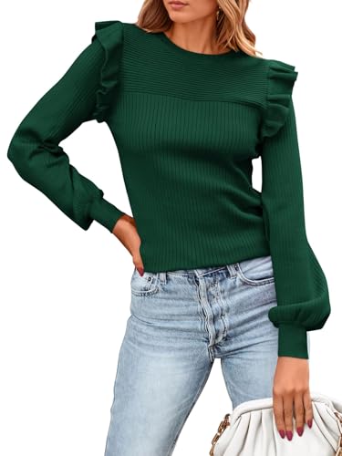 PRETTYGARDEN Women's Ruffle Long Sleeve Sweaters Crew Neck Lightweight Sweater 2025 Fall Trendy Ribbed Knit Pullover Tops