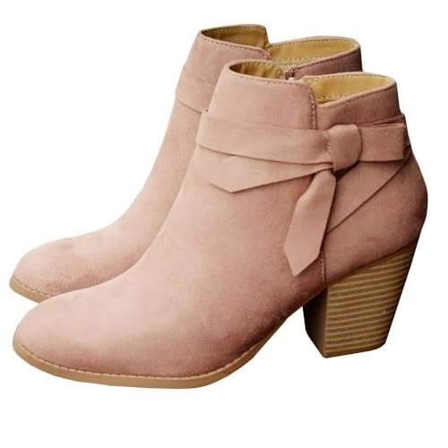 Carcuume Ankle Boots for Women,Ankle Tie Knot,Side Zipper,Round Toe,Chunky Heels,Boots for Women,ABI2023-PINK-10