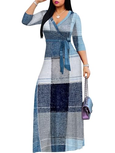 Image of Women's Plus Size Maxi Dresses Long Sleeves V Neck Floral Print Bohemian Swing Long Dress with Belt