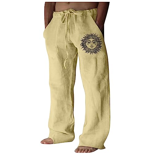 WENKOMG1 Mens Cotton Linen Pants,Wide Leg Drawstring Closure Pull On Trousers Loose Fit Baggy Lounge Wide Leg Bottoms