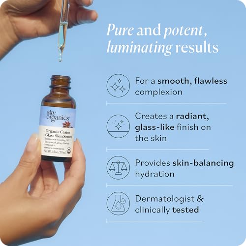 Image of Sky Organics Organic Castor Glass Skin Serum 1 floz, for Face, Neck & Chest | With Organic Jojoba Oil. Dermatologist tested, For All Skin Types. USDA Organic. Natural, Cruelty-Free Beauty & Skin Care.