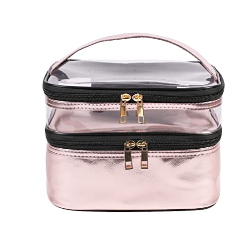 FITINI Makeup Bags Double Layer Travel Storage Cosmetic Cases Make up Organizer Toiletry Bags Water-resistant for Women Makeup Brush Bag,Pink
