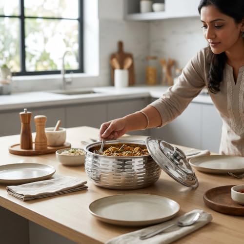 Image of CLASSIC ESSENTIALS Double Wall Insulated Stainless Steel Ripple Casserole 1500 ml | Hot Pot Food Storage & Serving Bowl | Thermal Belly Casserole for Roti, Rice, Dal, Curry & Meals