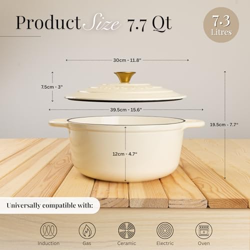 Image of Cast Iron Dutch Oven with Lid-Non-Stick Ovenproof Enamelled Casserole Pot - Sturdy Dutch Oven Cookware-Cream, 7.3- Quart, 30cm- by Nuovva