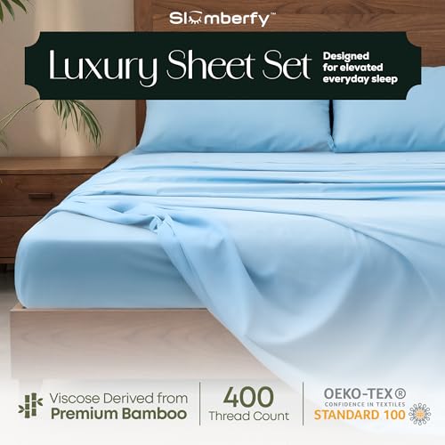Image of Slumberfy 3-Piece 400 TC Viscose Derived from Bamboo Sheets, Twin Size - 1 Fitted, 1 Flat, 1 Pillow Case - Deep Pocket Cooling Viscose-Bamboo Bed Sheets in Magnetic Closure Gift Box, Light Blue