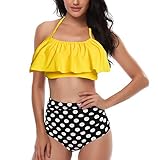 Womens Two Piece Bikini Swimsuit Floral Ruffle Swimwear Flounce Bathing Suit Set S Yellow Polka Dot