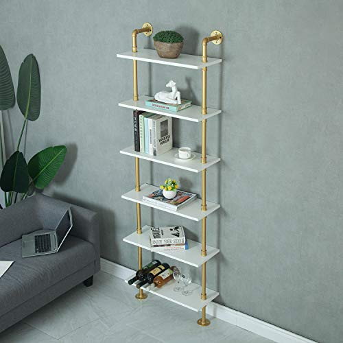 Wgx Design For You Industrial 6-Tiers Modern Ladder Shelf Bookcase,Wood Storage Shelf,Display Shelving, Wall Mounted Wood Shelves(Gold) #TOP4