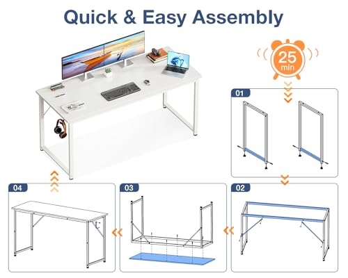 Image of Casaottima 54 Inch Computer Desk for Home Office, Study Writing Table for Small Spaces, Simple Modern Desk with Headphone Hooks, White