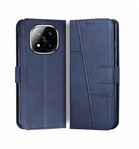 Image of Poco X7 5G / Redmi Note 14 Pro 5G / Redmi Note 14 Pro Plus 5G Flip Cover Leather Finish | Inside TPU with Card Pockets | Wallet Stand | Complete Protection Flip Case Blue