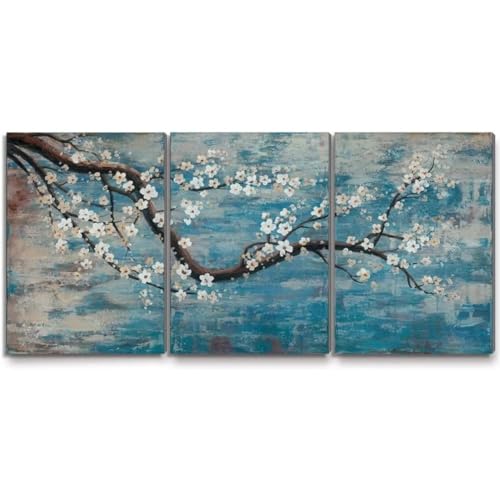 Art mural abstrait floral bleu 70x100 cm triptyque sans cadre