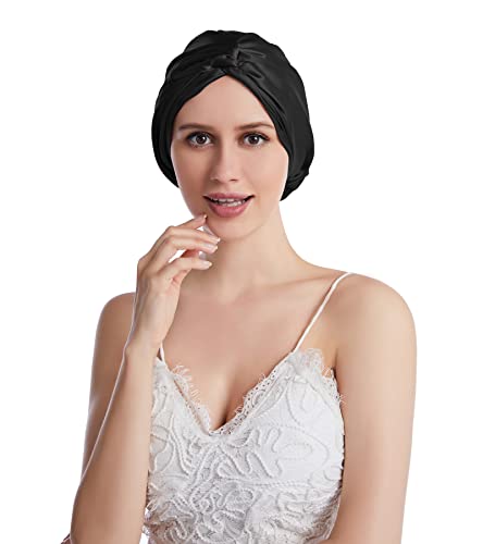 SOBONNY Silk Sleep Cap for Hair Care, Double-Side Two Layer Natural 100% Mulberry Silk Bonnet for Curly Hair Sleeping, Night Bonnet Hat for Women,Black 1pcs,Valentine's Day for Girlfriend Wife