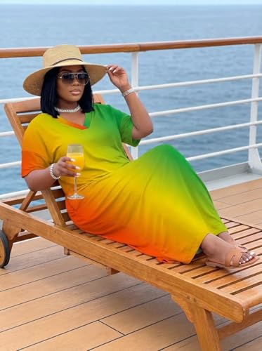 Image of SUZONANA Plus Size Maxi Dresses for Women Gradient Ombre Short Sleeve Oversized T-Shirt Casual Loose Summer Beach Resort Sundress