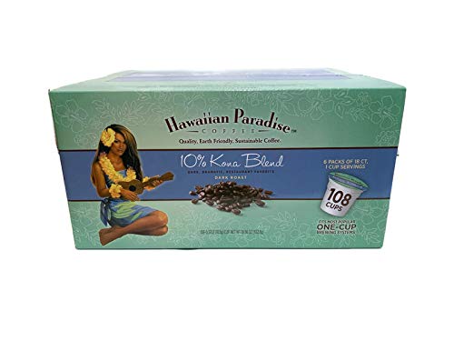 Hawaiian Paradise Coffee 10% Kona Roast Single Serve Cups 108 Count Loose Cups - Dark Roast - Compatible with Keurig K-Cup Brewers