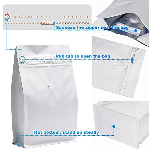 Image of White Kraft Paper Coffee Bags, Stand Up Coffee Pouches with One Way Degassing Valve and Reusable Side Zipper (Pull Tab to Open) Flat Bottom - Stand Up Well (50pieces / 12oz, 340gram)
