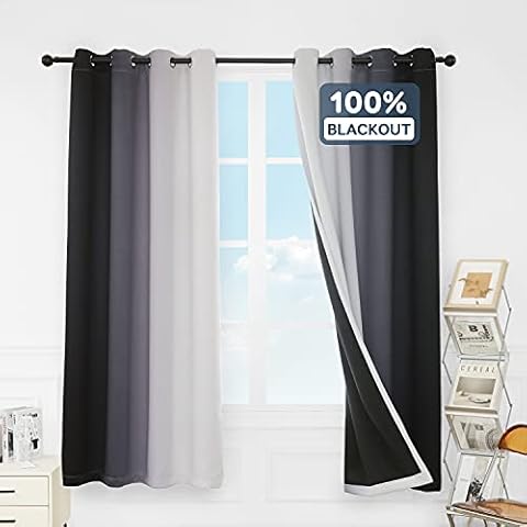 Anjee Ombre Blackout Curtains for Bedroom, 100% Light Blocking Heavy-Duty Black Lined Noise Reducing Thermal Insulated Grommet Top Full Darkening Drapes 2 Panels, 52 x 84 inches, Black Cover