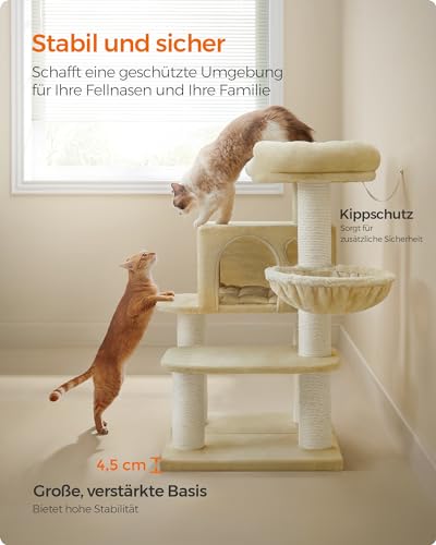 Feandrea Kratzbaum für große Katzen, XXL, hochbelastbar, Katzenturm mit 6 extra dicken Kratzsäulen, große Plattform, Höhle, Korb, flexibel aufbauen, abnehmbare, waschbare Kissen, beige PCT01M – Bild 8