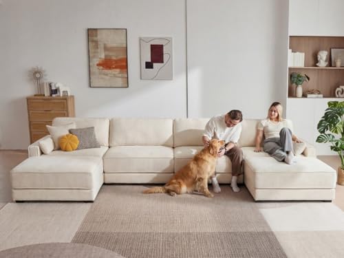 Vipbear 160" Oversized Modular Sectional Sofa, U Shaped Couch Set with 2 Pillows, 6 Seat Comfy Cloud Couches with 2 Movable Ottomans for Living Room, Bedroom and Apartment, Chenille Beige - Image 4