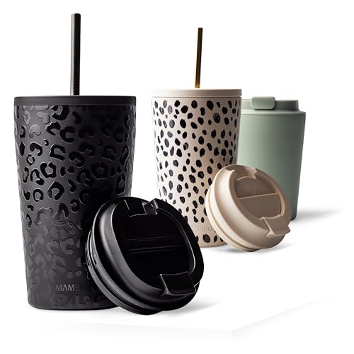 MAMEIDO Thermobecher mit Strohhalm 470 ml, Trinkbecher mit Deckel und Strohhalm aus Edelstahl doppelwandig isoliert, auslaufsicher, Coffee to go Becher (Femme Fatale)