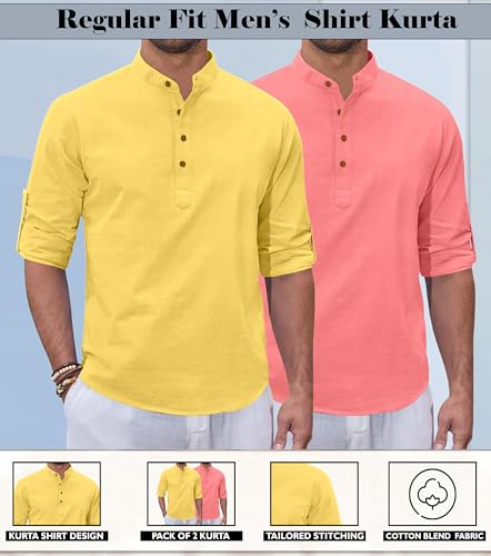 Image of Zombom Combo of Men's Casual Solid Cotton Polyester Blend Full Sleeve Straight Kurta Shirt (Pack of 2)