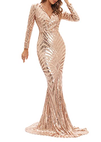Ohvera Women\'s Long Sleeve Sequined V Neck Party Cocktail Evening Prom Gown Mermaid Maxi Long Dresses Rgold Large - Thumbnail 4