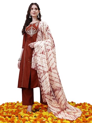 Image of EthnicJunction Women's Chinon Embroidered Straight Front Slit Kurta Palazzo & Organza Dupatta Set | Wedding | Heavy | Outfit | Suit