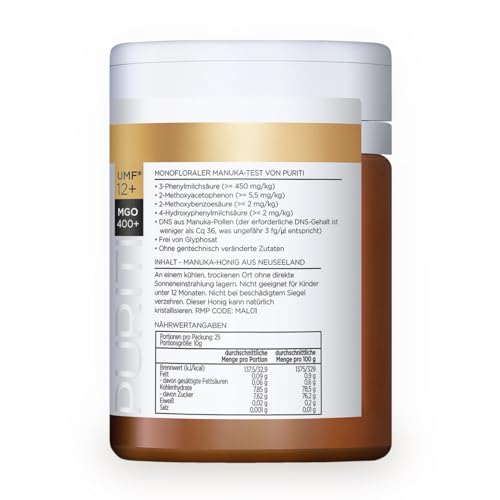 PURITI Manuka Honig MGO 400+ 250g aus Neuseeland mit zertifiziertem Methylglyoxal Gehalt - Laborgeprüft, Direktimport, reines Naturprodukt, frei von Zusatzstoffen