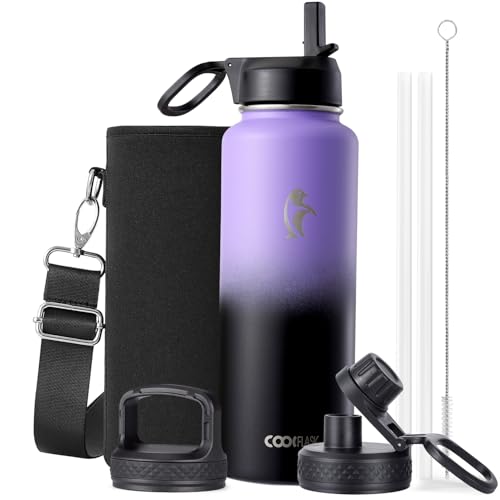 Image of Coolflask 40 oz Water Bottle Insulated with Straw & 3 Leakproof Lids