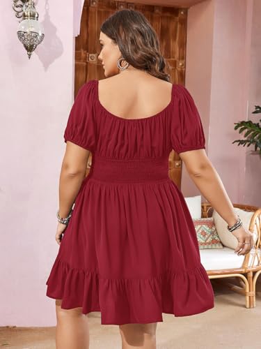 Image of SCOMCHIC Womens Plus Size Mini Dress Square Neck Puff Short Sleeve Casual Summer A Line Boho Cute Spring Short Dresses