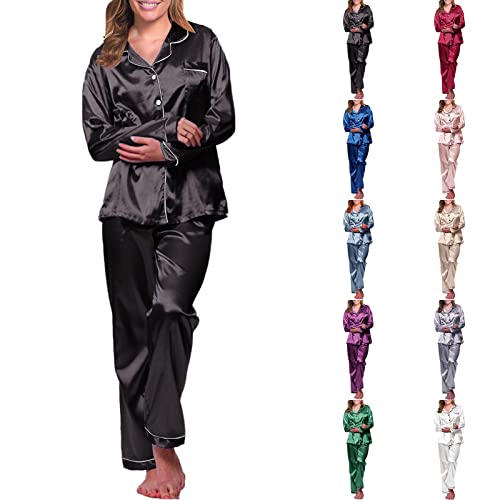 Ronony Two Piece Pajama Set For Women Long Sleeve Sleepwear Soft Fashion Satin Nightwear Fall Button Down Loungewear Clothes Black