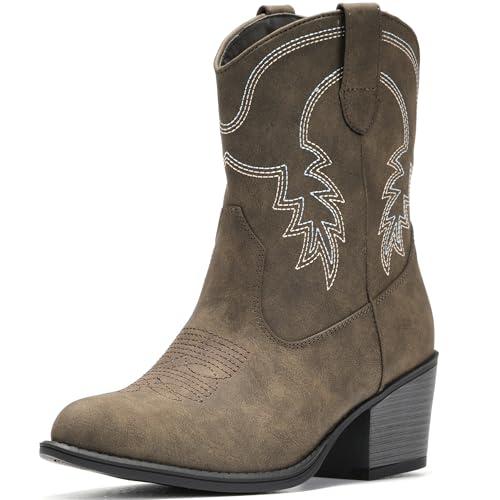 IXU Cowboy Boots for Women Booties Ankle Cowgirl Western Boots Mid Calf Boots Pointed Toe Short Chunky Classic Camel Grey US 6-10.5