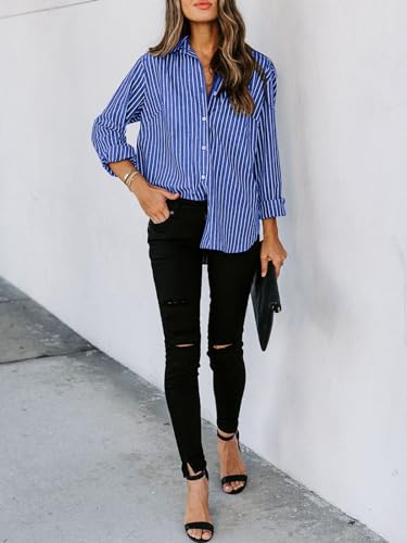 Image of siliteelon Striped Button Down Shirts Women Cotton Long Sleeve Work Blouses