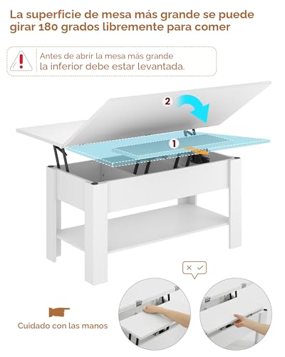 Miniatura 5 de Kimenich Mesa De Centro Regulable En Altura, Almacenamiento Oculto, 3 En 1, Multifunción, Mesa De Salón, Mesa De Café, Compartimento Abierto, Mesa De Comedor, Para Salón, Oficina, Blanco
