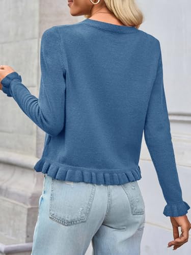Image of Saodimallsu Womens Ruffle Cardigan Sweaters Button Up Crew Neck Long Sleeve Cropped Sweater Cute Soft Knit Tops