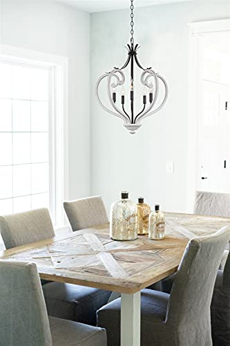 Kira Home Cleo 26" 5-Light Modern Pendant Chandelier, Distressed Antique White + Black Finish #TOP2