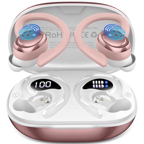 Hupoaf Wireless Earbuds Sport, NEW Bluetooth 5.4 Headphones with Earhooks, 50H Stereo Deep Bass Over Ear Buds with 4 ENC Noise Canceling Mics, IP7 Waterproof Earphones for Running Workout Gym -Rose