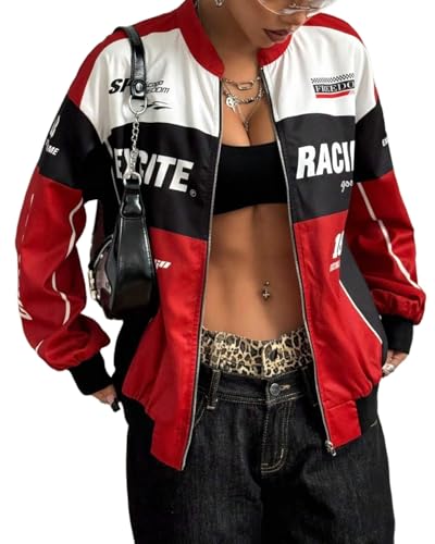 dsumvns Womens Racing Jacket Fashion Vintage Zip Up Race Car Driver Bomber Jackets Streetwear Color Block Y2k Jacket
