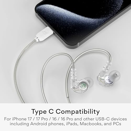 Image of MEE audio M6 Sport USB-C Wired Earbuds with Memory Wire Earhooks, Headset with Mic & 3-Button Remote for iPhone 17 Pro Max, iPad, USB Type C Devices; in Ear Headphones for Running /Gym /Workouts (Clear)