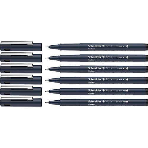 Schneider Pictus Fineliner (Strichstärke 0,5 mm, dokumentenechte Pigmentliner, metallgefasste Spitze, Gehäuse aus 85% recyceltem Kunststoff) 6er Pack, schwarz