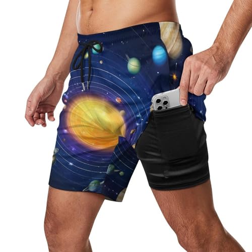 Men & Boys Classic Fit Swim Trunks for Beach Gym Sport Quick Dry Drawstring Basic Board Shorts with Pockets, Underwear Galaxy Space Planet Solar System Fashion Cargo Short