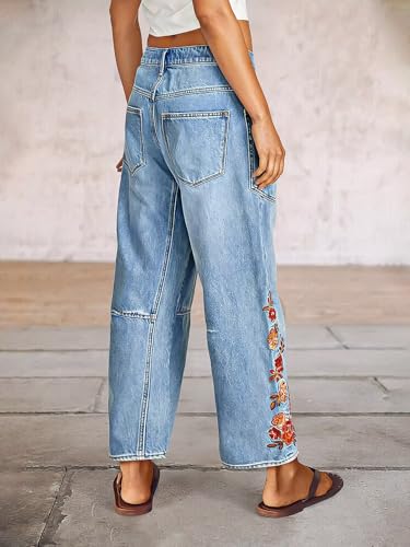 Flamingals Women's Mid Rise Straight Leg Raw Hem Embroidery Side Stitch Detail Casual Jeans3