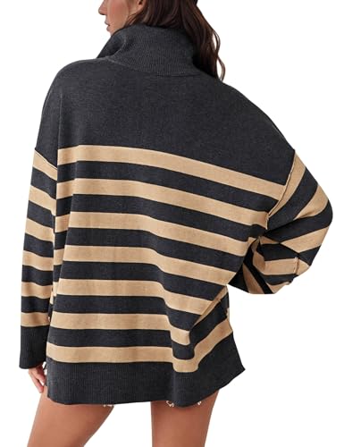 Knit Coastal Stripe Pullover for Women Oversized Fit Medium Weight Sweater with Quarter Zip Neckline 2024 Fall Winter Sweater2