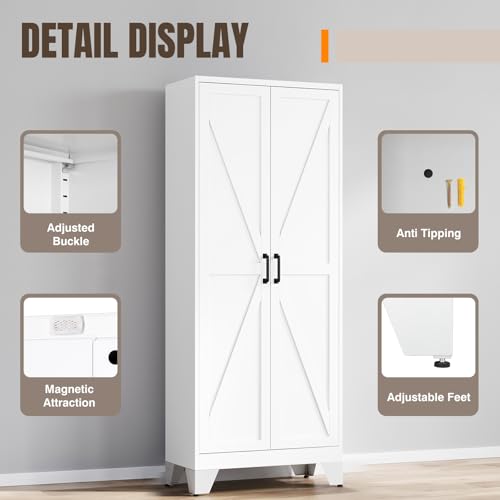 Image of Yizosh Metal Storage Cabinet with Doors and 4 Adjustable Shelves - 75 inch White Kitchen Pantry Storage,4-Tier Tall Steel Cabinet Locker for Kitchen,Living Room,Dining Room