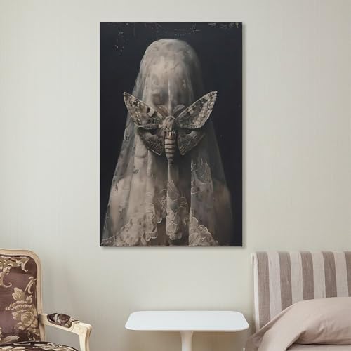 Veiled Woman Moth Gothic Canvas Printing Wall Art Prints Posters Wall Decor Dark Academia Witchy Aesthetic Occult Moody Portrait For Living Room Bedroom Home Office Study 12x18inch(30x45cm) by Generic - Used condition - Image 7