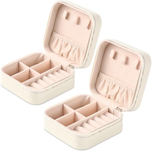 Image of Neveika Portable Travel Mini Jewelry Box Leather Jewellery Ring Organizer Case Storage Gift Box Girls Women (2pcs White).