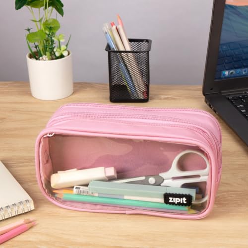 Image of ZIPIT Half & Half Pencil Case for Girls, Aesthetic 3 Compartment Zipper Pouch for School, Stationery Bag for Teen and Adults, Pink