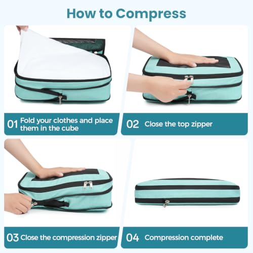 Image of BAGAIL Compression Packing Cubes for Travel Essentials, 8 Set-Mint | Tear‑Resistant Fabric, Space‑Saving, Visible Mesh Panel, Vibrant Color Choices, Travel, Camping & Cruise, Home Storage