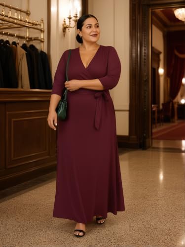 Image of SUZONANA Plus Size Maxi Dresses for Curcy Women Casual Loose 3 /4 Sleeve Long Dress with Belt